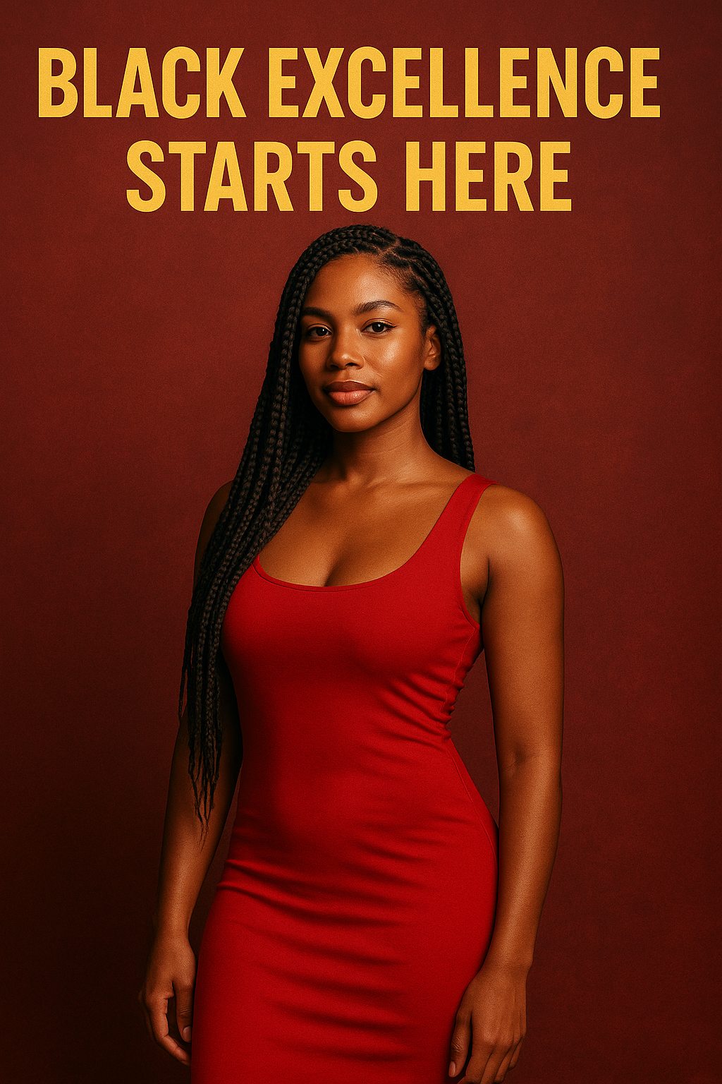 Black Game Show Apprentice model in red dress jackpot pose